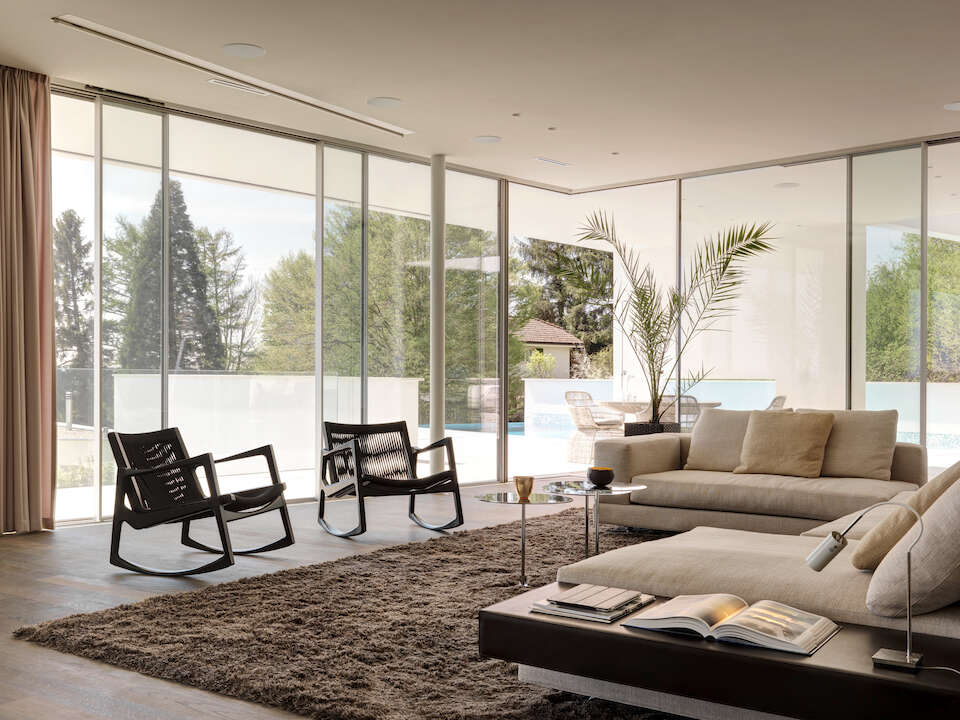 Light-filled living room with corner sliding windows